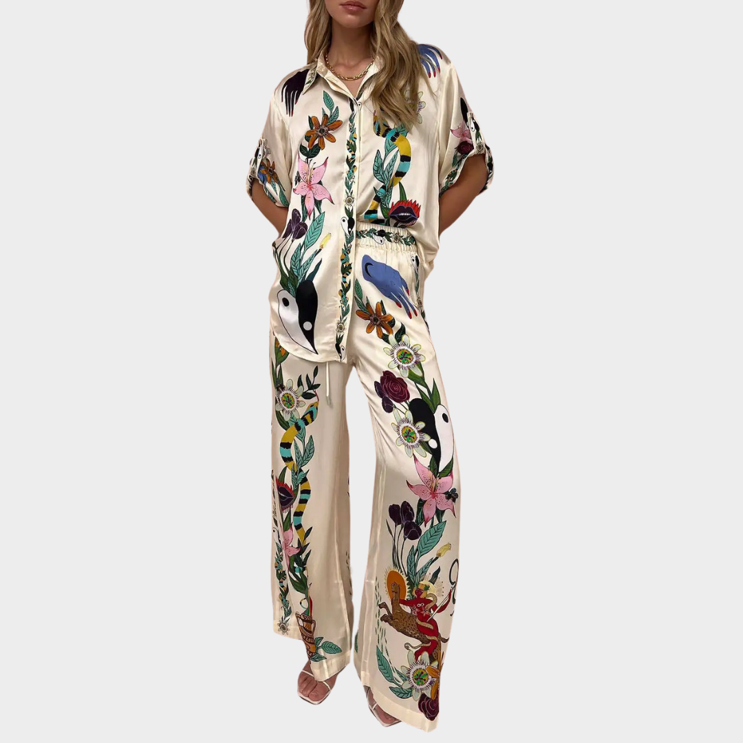 Women's Graffiti Print Satin Shirt & Trousers Set – Casual Short Sleeves – Beige