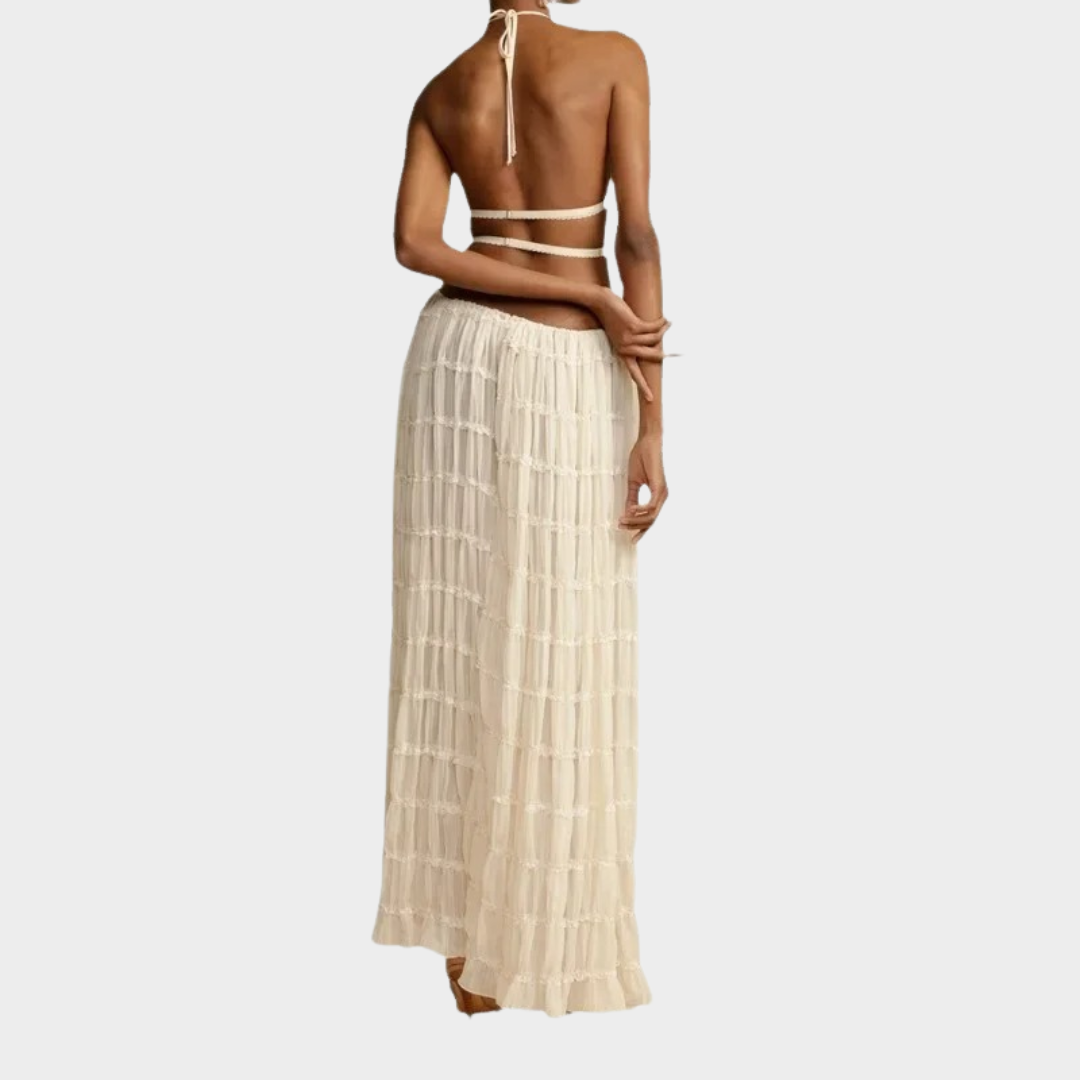 Women’s 2-Piece Halter Neck Skirt Set – Elegant Long Dress Style with Open-Back Top – Lightweight Fit – White
