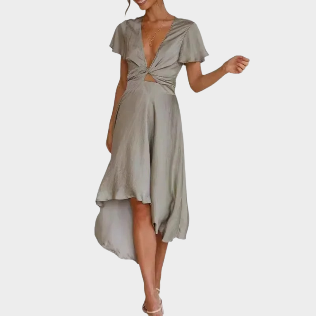 Women’s V-Neck Short Sleeve Satin Dress – Irregular Hem with Elegant Drape – Lightweight Silky Fit – Multiple Colours