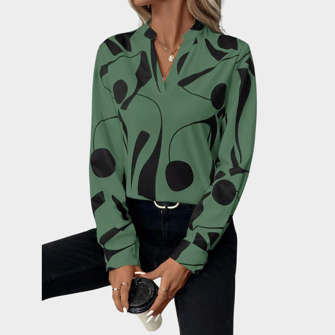 Women’s Relaxed Fit Blouse – V-Neck Abstract Print – Long Sleeve Luxury Fabric – Multiple Colours