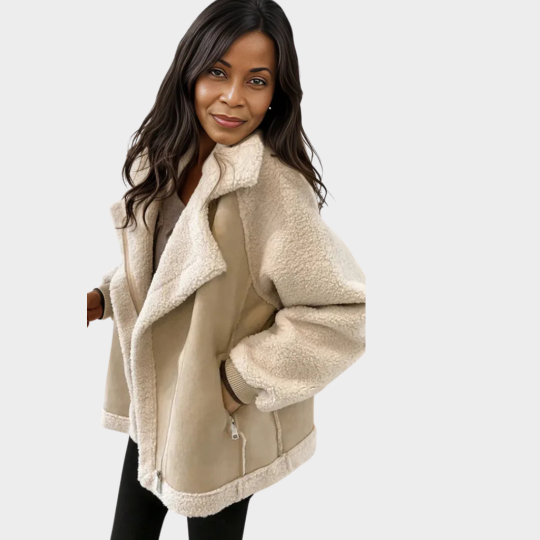 Women's Trendy Varsity Bomber Jacket – Thickened Fabric, Loose Fit, Harajuku Style, Winter Coat (Beige)