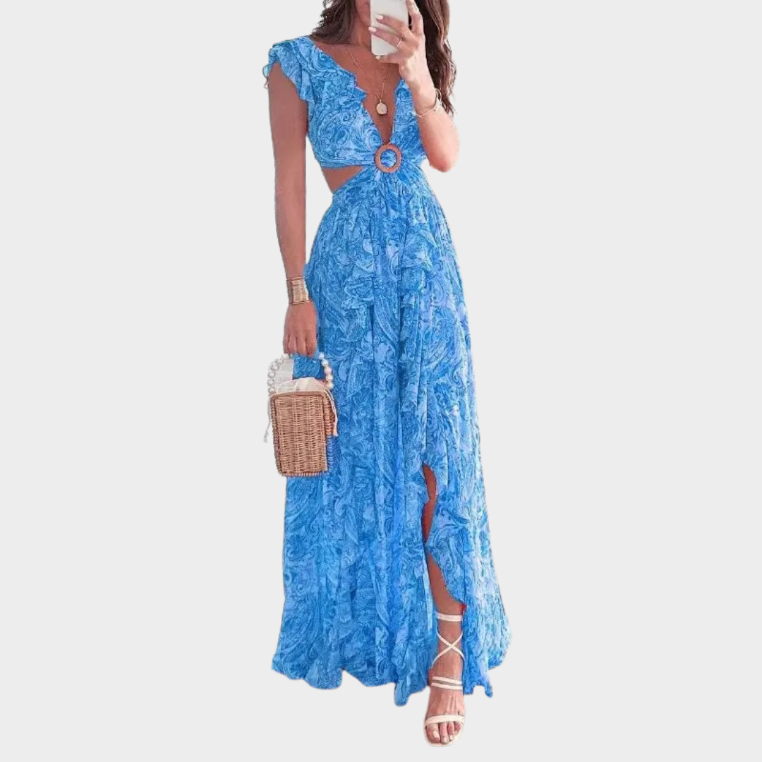 Women’s Sleeveless Long Dress – Floral Print V-Neck with Waist-Exposing Fit and Flowing Hem – Multiple Colours