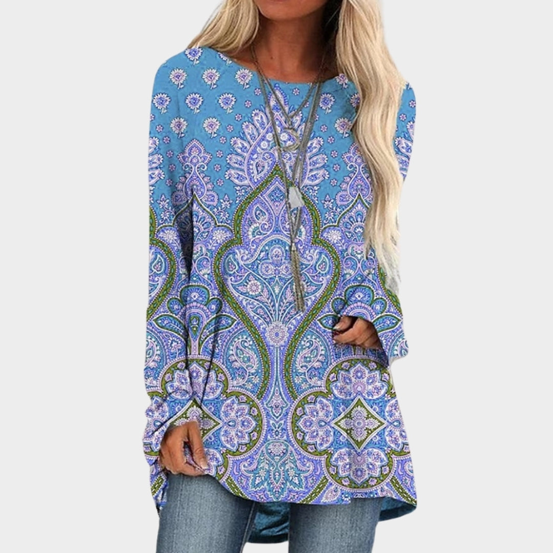 Winter Women’s Long Sleeve T-Shirt - Round Neck, Loose Fit, Printed Top (Green/Red, Brown/Blue, and More)