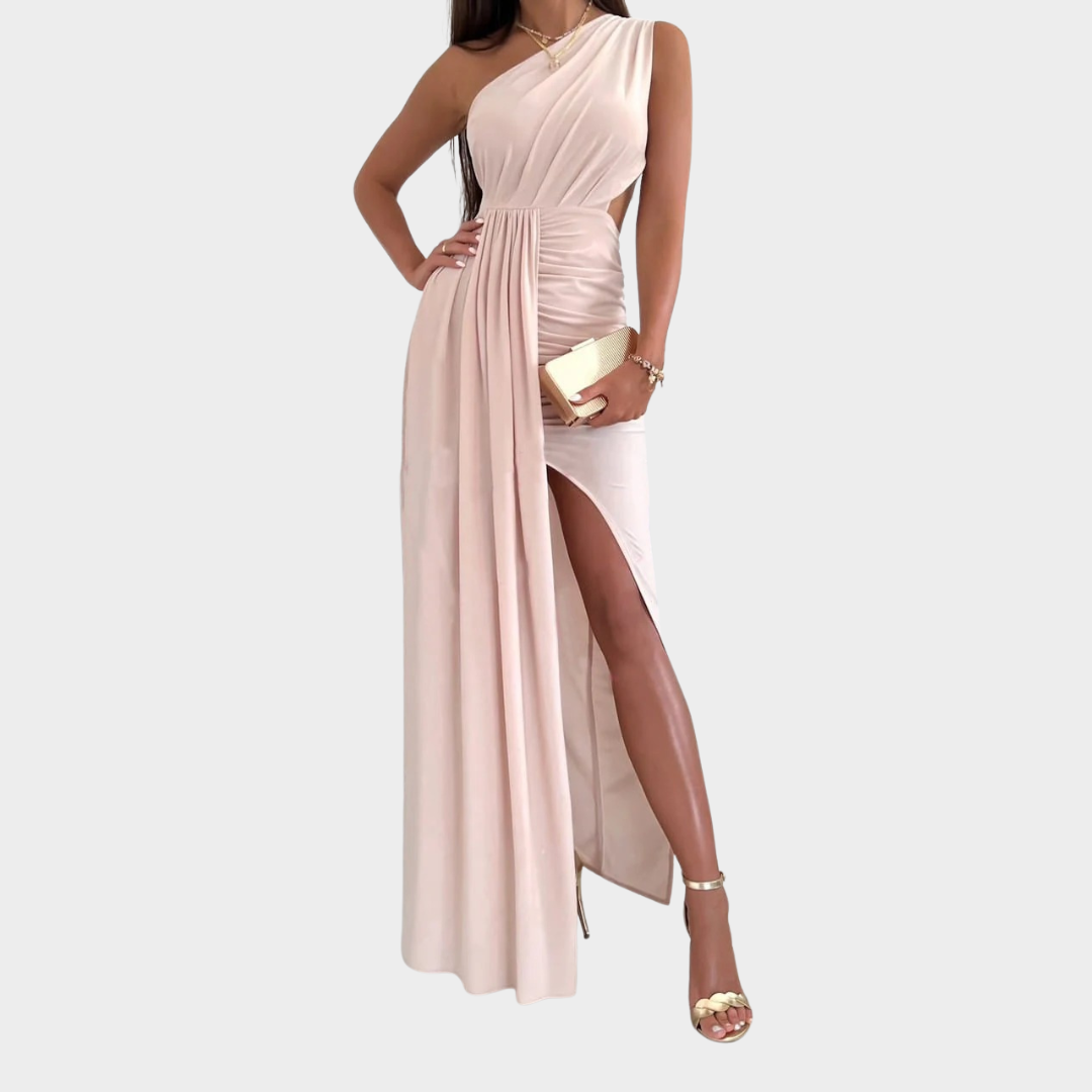 Women One Shoulder Evening Dress – Slim Fit – Draped Slit – Cut-Out Waist – Smooth Blend – Multiple Colours
