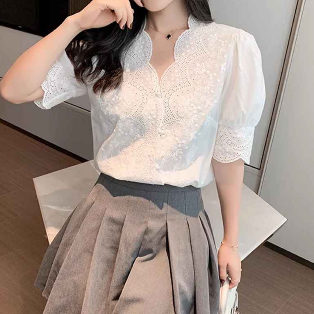 Women Embroidered Blouse – Short Sleeve Loose Fit Shirt with Lace Detail in Cotton Linen – White