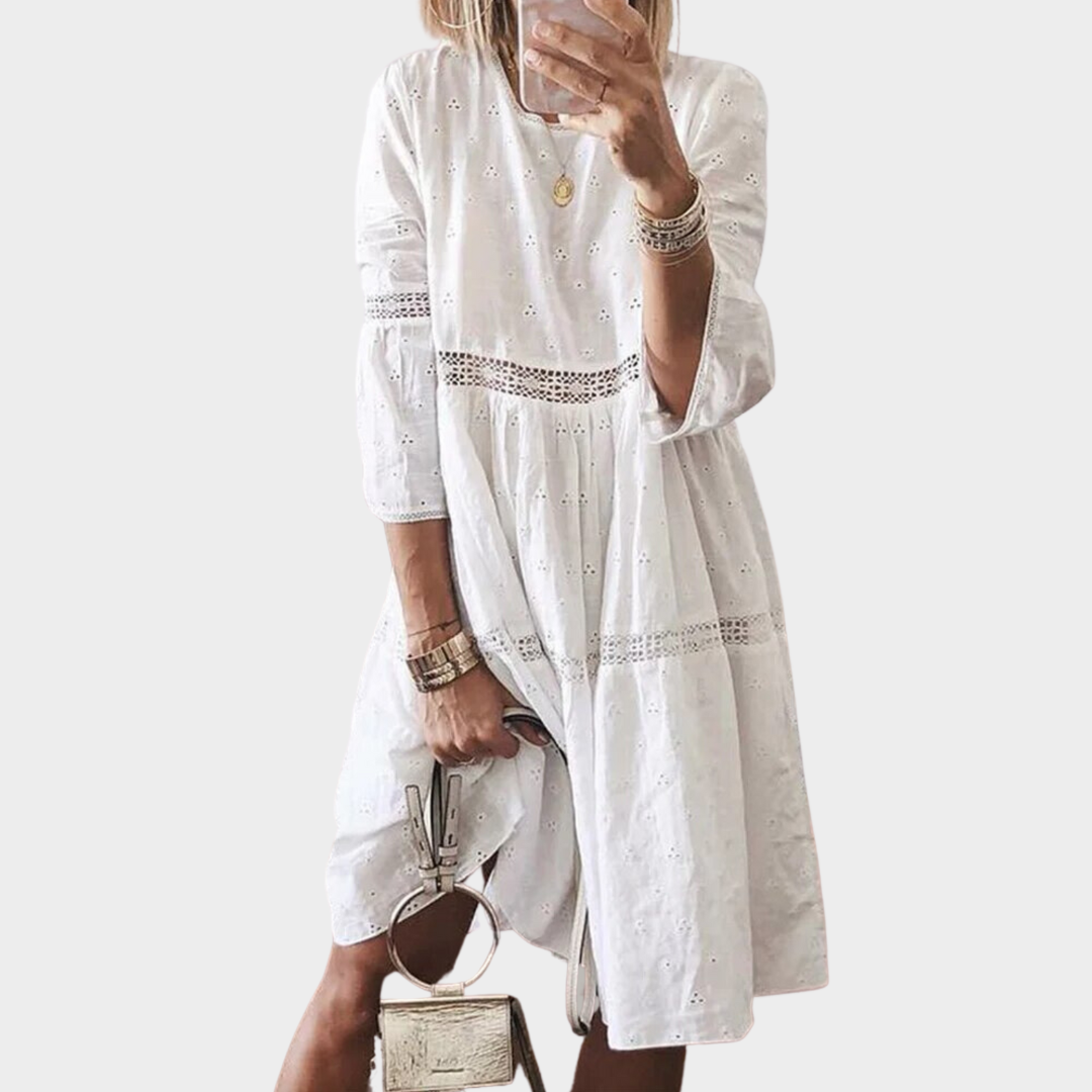 Women's Lace Embroidered Knee-Length Dress – Hollow Splicing – Elegant Seven Sleeve Fit – Multiple Colours