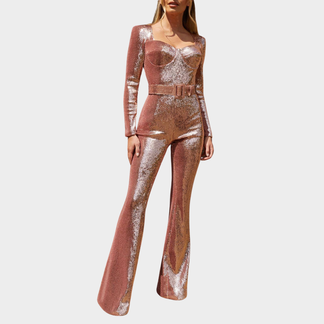 Women's Evening Jumpsuit – Long Sleeve – Belted Waist – Sequined Fashion – Elegant Design – Multiple Colours