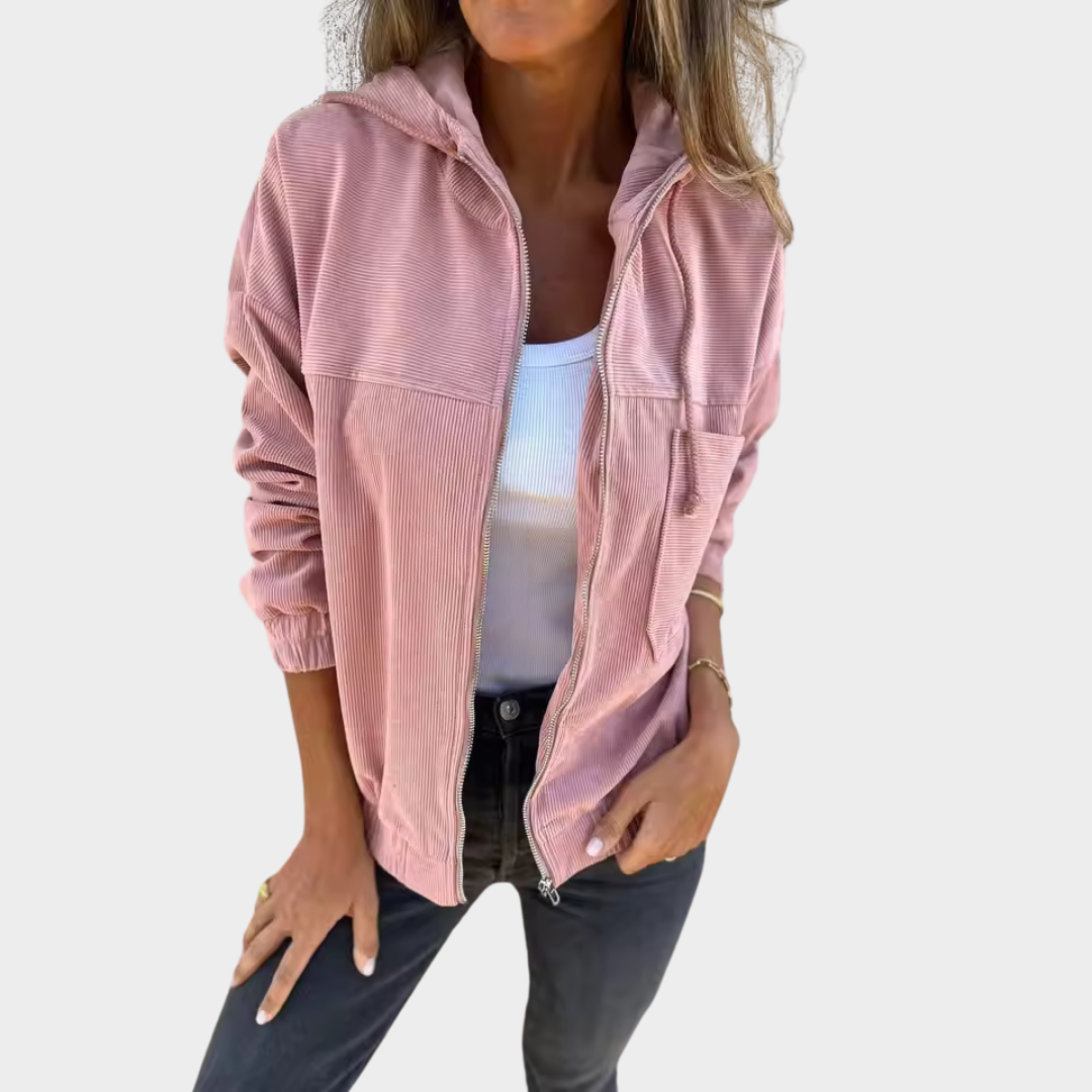 Women's Corduroy Hooded Jacket – Long Sleeve – Casual Zip-Up – Multiple Colours