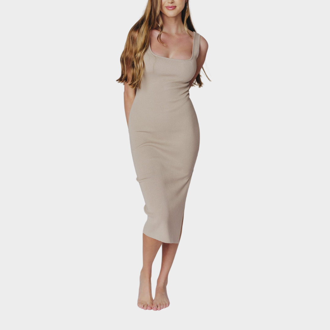 Women's Square Neck Knit Midi Dress – Elegant Fit – Slit Detail – Soft Viscose Blend – Beige