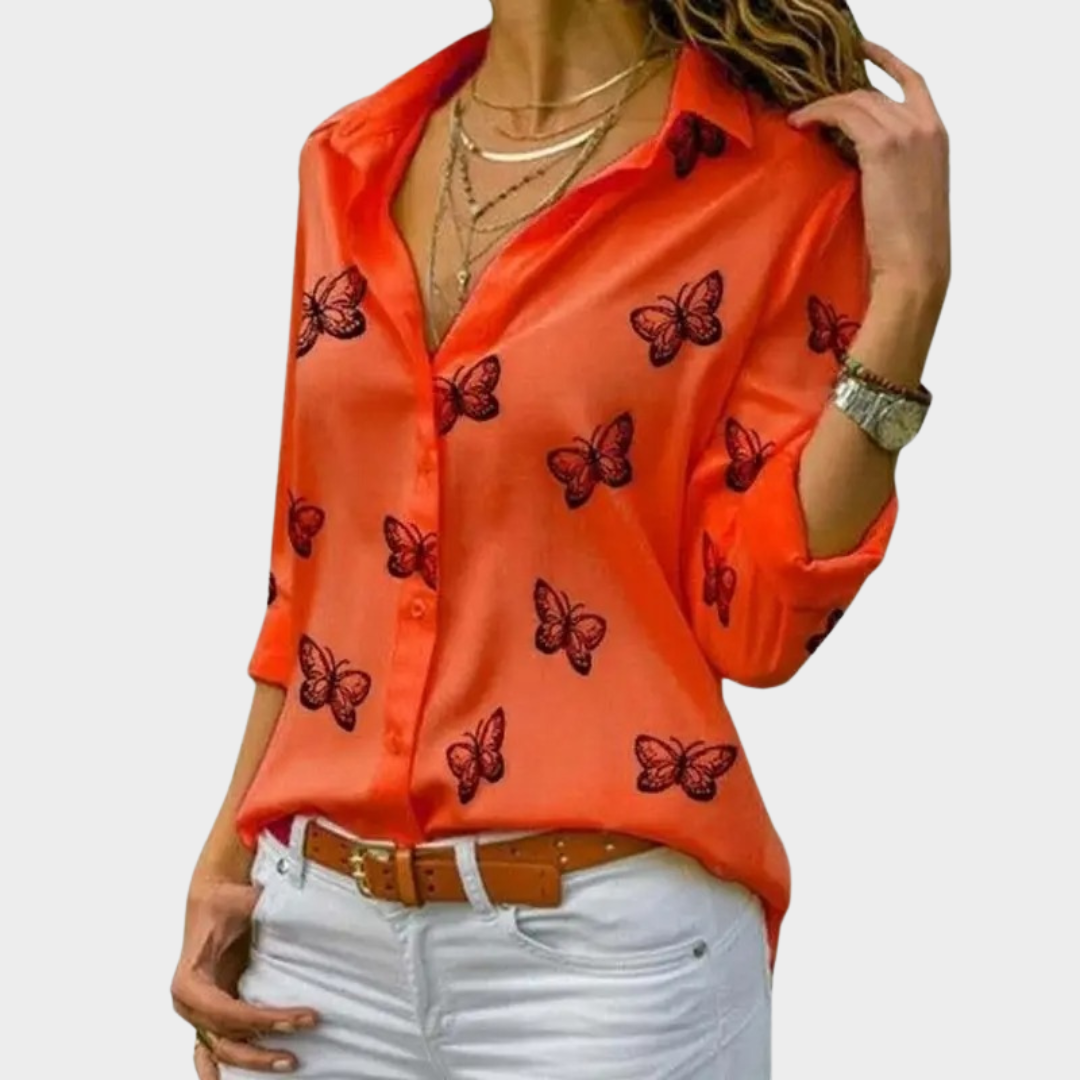 Women’s Oversized Blouse – Butterfly Print Long Sleeve Shirt – Turn-Down Collar – Loose Fit – Lightweight Fabric – Multiple Colours