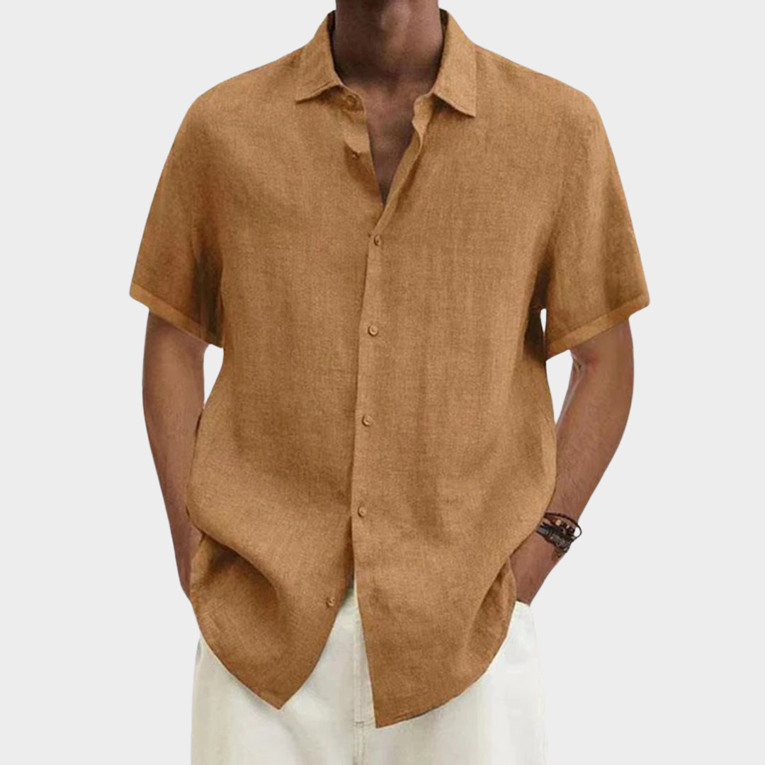 Men's Cotton Linen Blouse - Short Sleeve - Turn-Down Collar - Button-Up - Multiple Colours