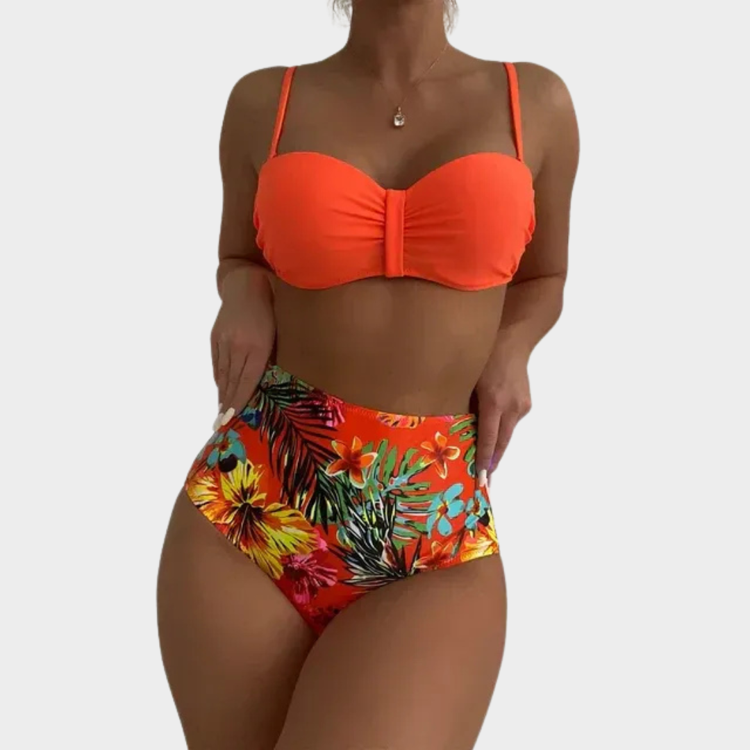 Women Two-Piece Bandeau Bikini – High Waist Tropical Print Push-Up Swimwear – Strapless Bathing Suit Set – Multiple Colours