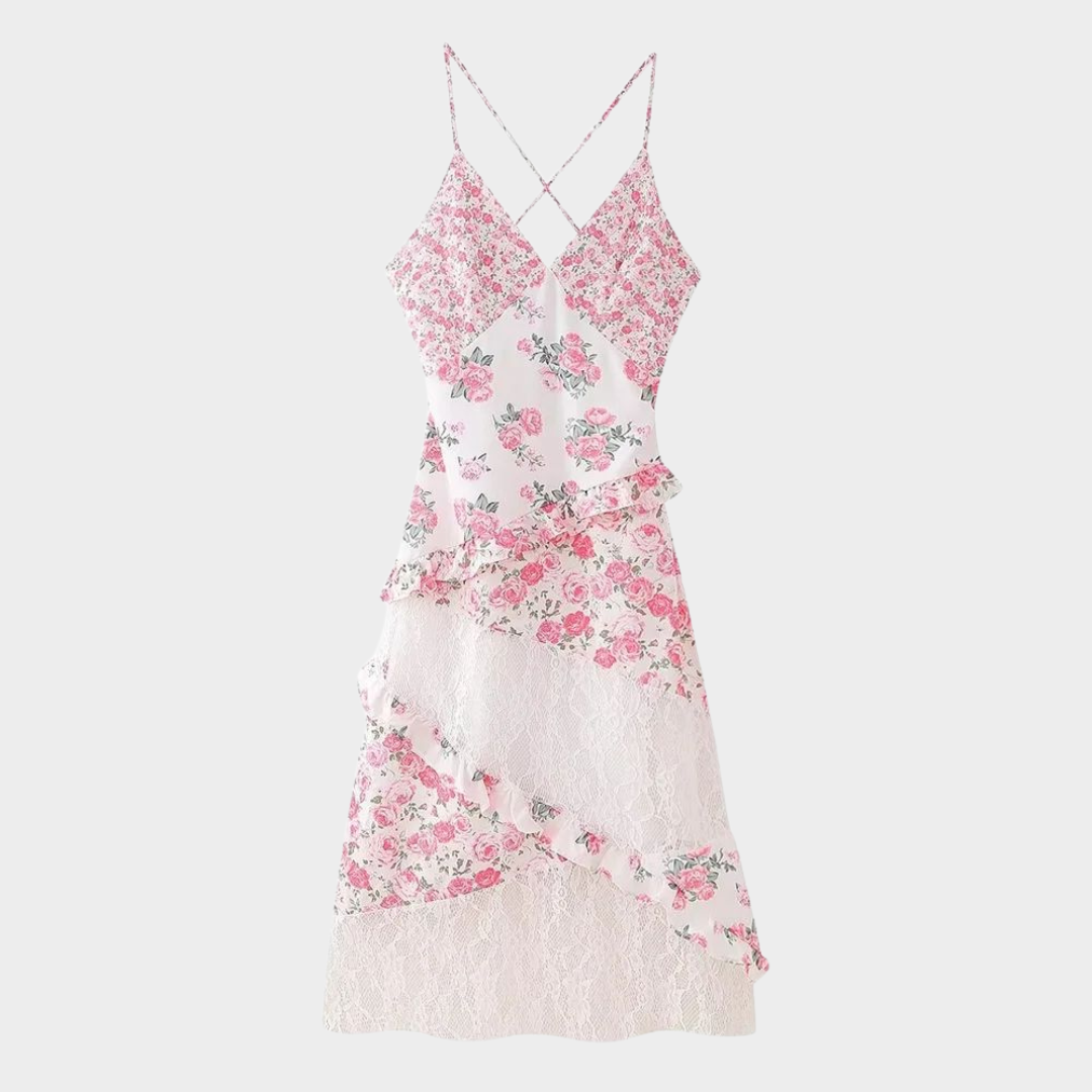 Women's Slim Fit Printed Lace Spliced Dress – Sleeveless – Elegant Design – Pink