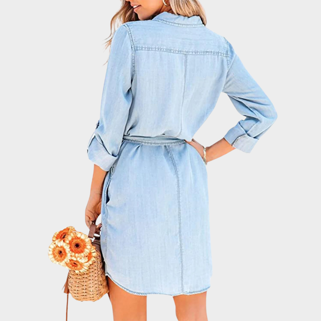 Women’s Long Sleeve Denim Shirt Dress – Button-Down Lapel Design with Belted Waist – Solid Colour Cotton Blend – Multiple Colours