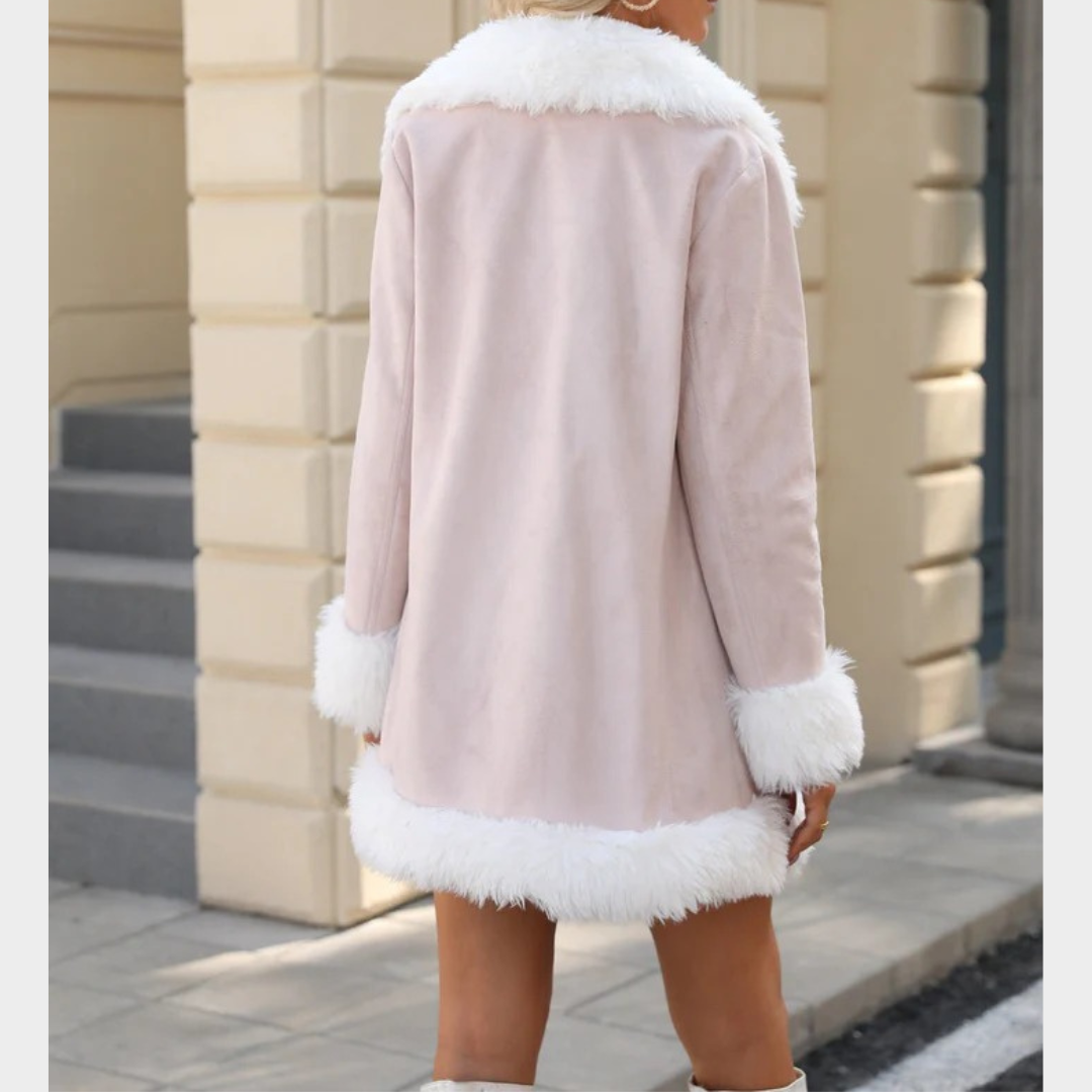 Women Long Coat – Relaxed Fit Faux Fur Trim Open Front Soft Cozy Fabric – Multiple Colours