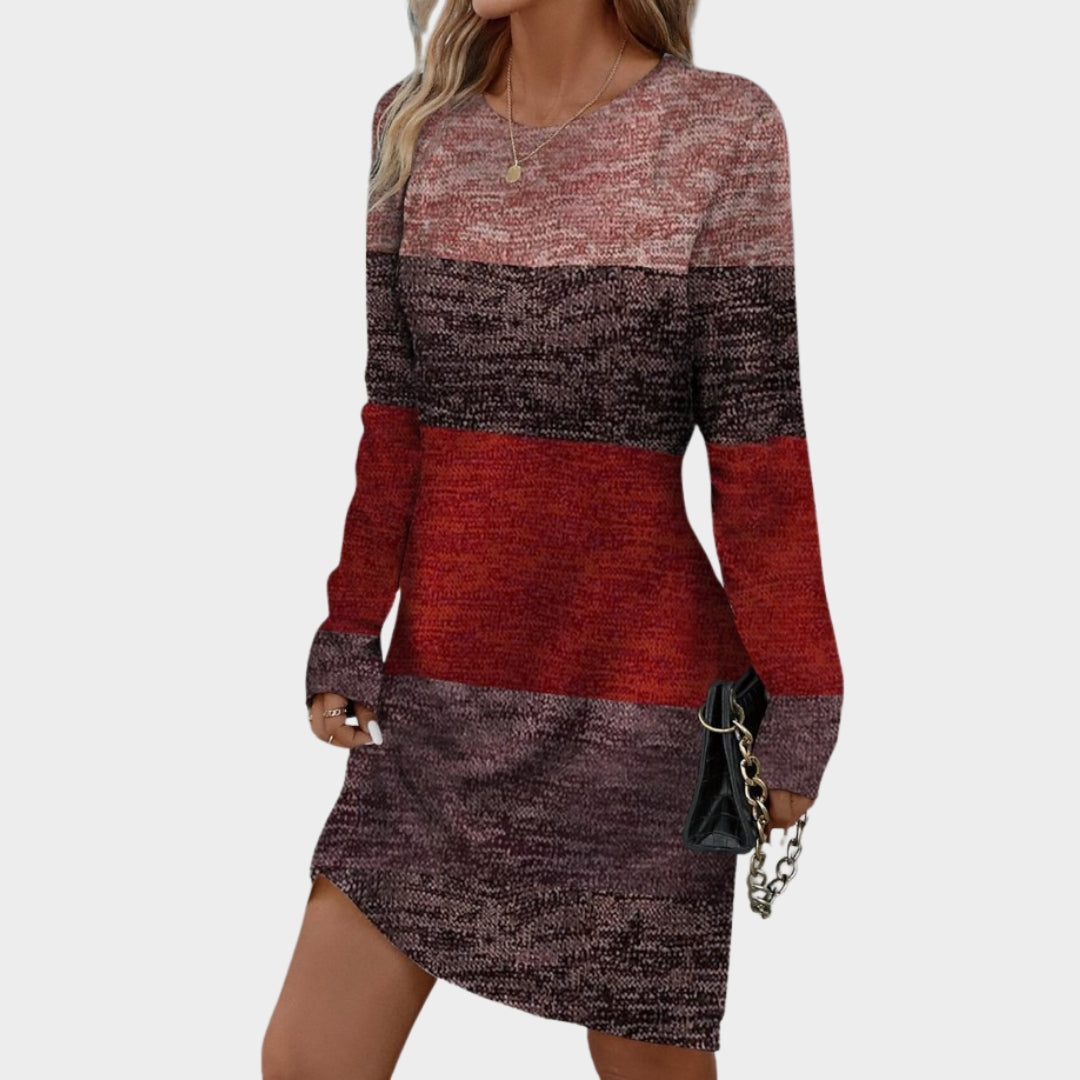 Women’s O Neck Long Sleeve Casual Dress – Knee Length, Printed, Office Style, Spring Autumn Wear