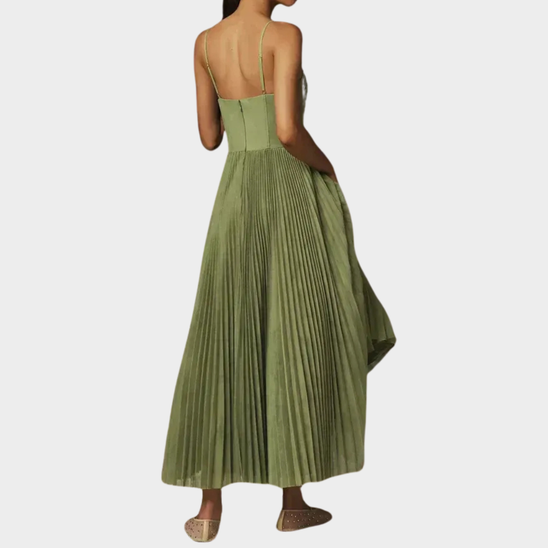 Women’s Strapless A-Line Long Dress – Pleated Zip-Back Fit with Hollow Detail – Lightweight Sleeveless Polyester – Green