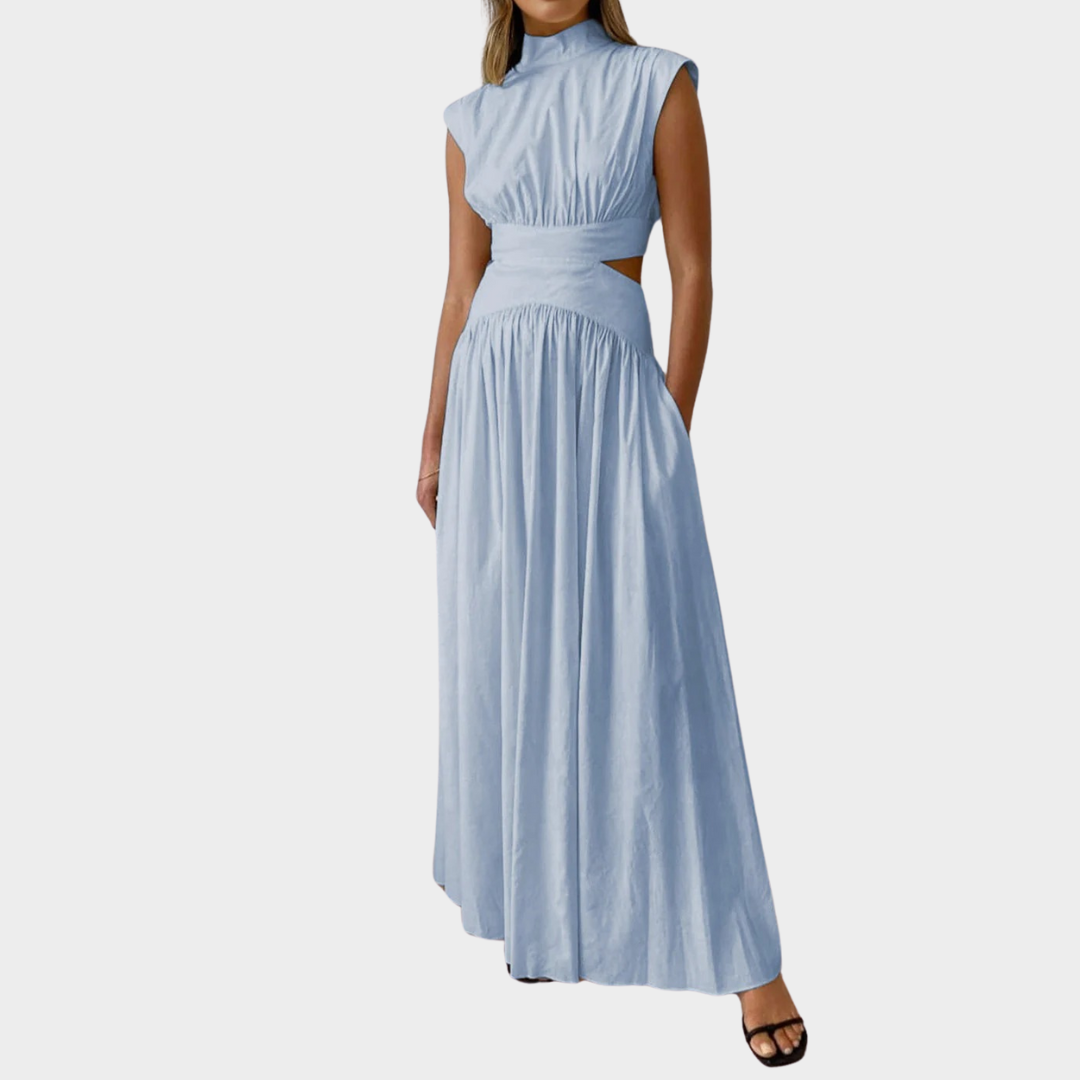 Women’s Sleeveless A-Line Maxi Dress – Solid Colour with Mock Neck and Hollow Out Detail – Lightweight Elegant Fit – Multiple Colours