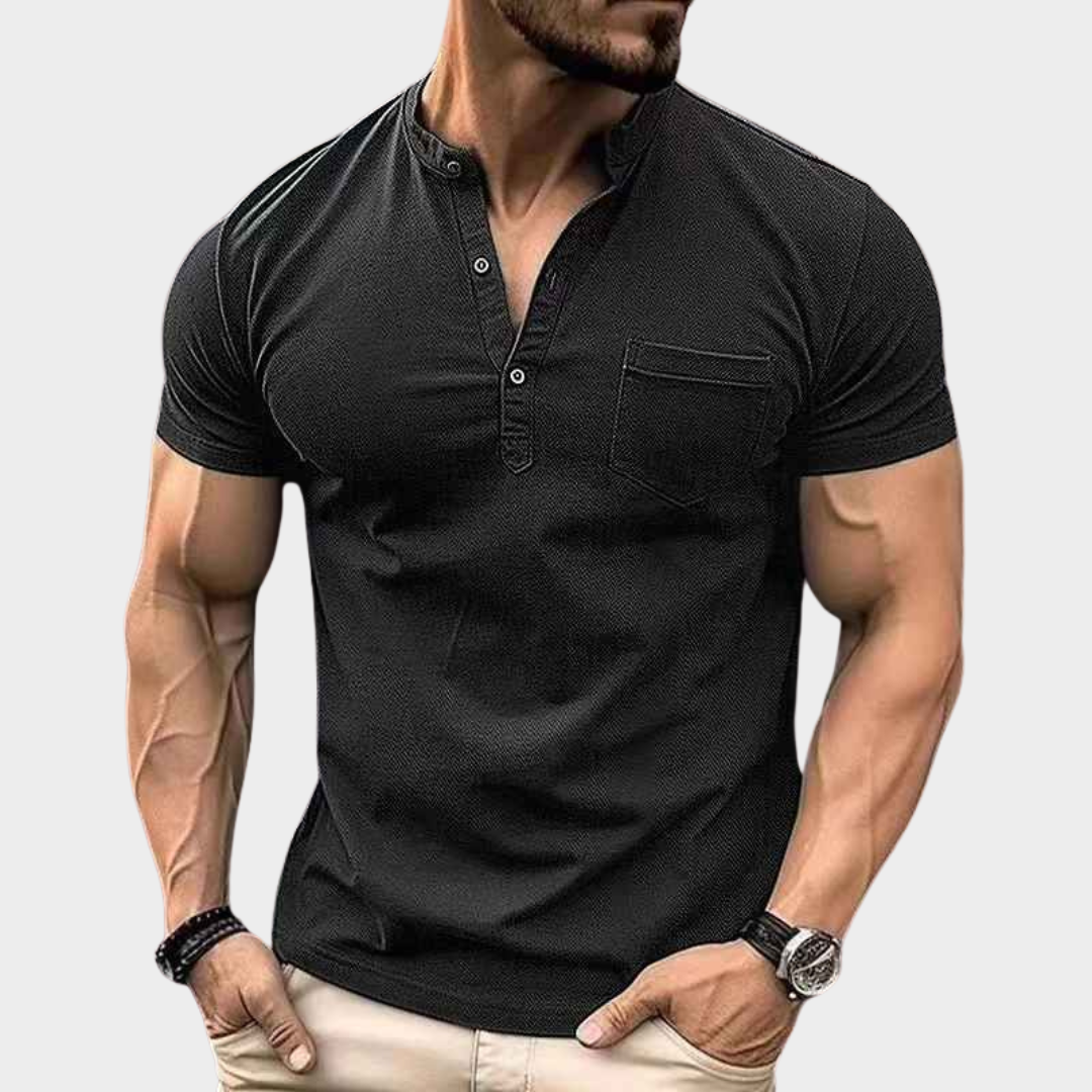 Men's Casual Short Sleeve Polo Shirt – Stand Neck with Pocket – Soft Breathable Cotton Blend – Multiple Colours