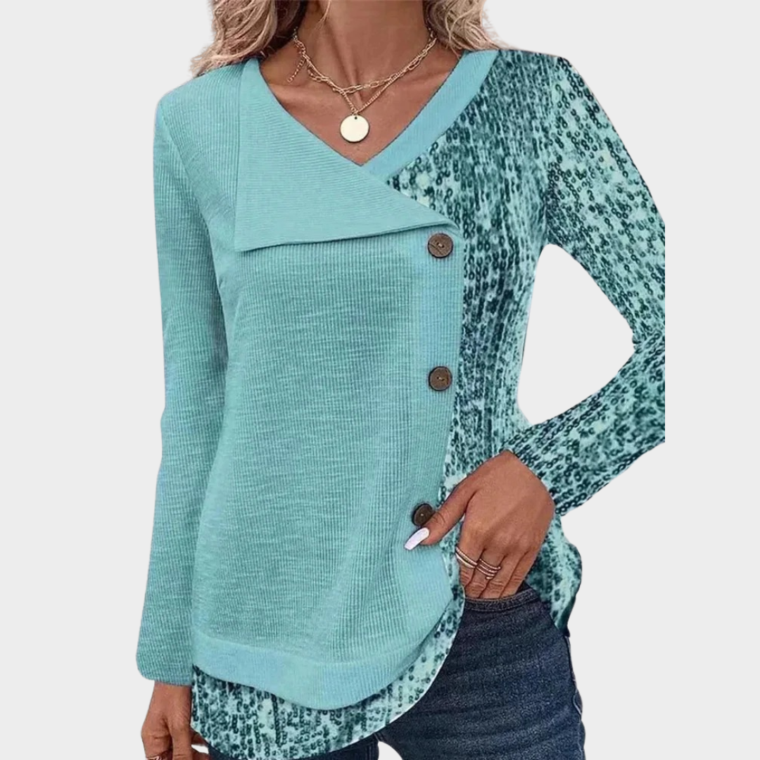 Women’s Asymmetric Button-Up Long Sleeve Top – Round Neck Party Shirt – Soft Printed Cotton Blend – Multiple Colours