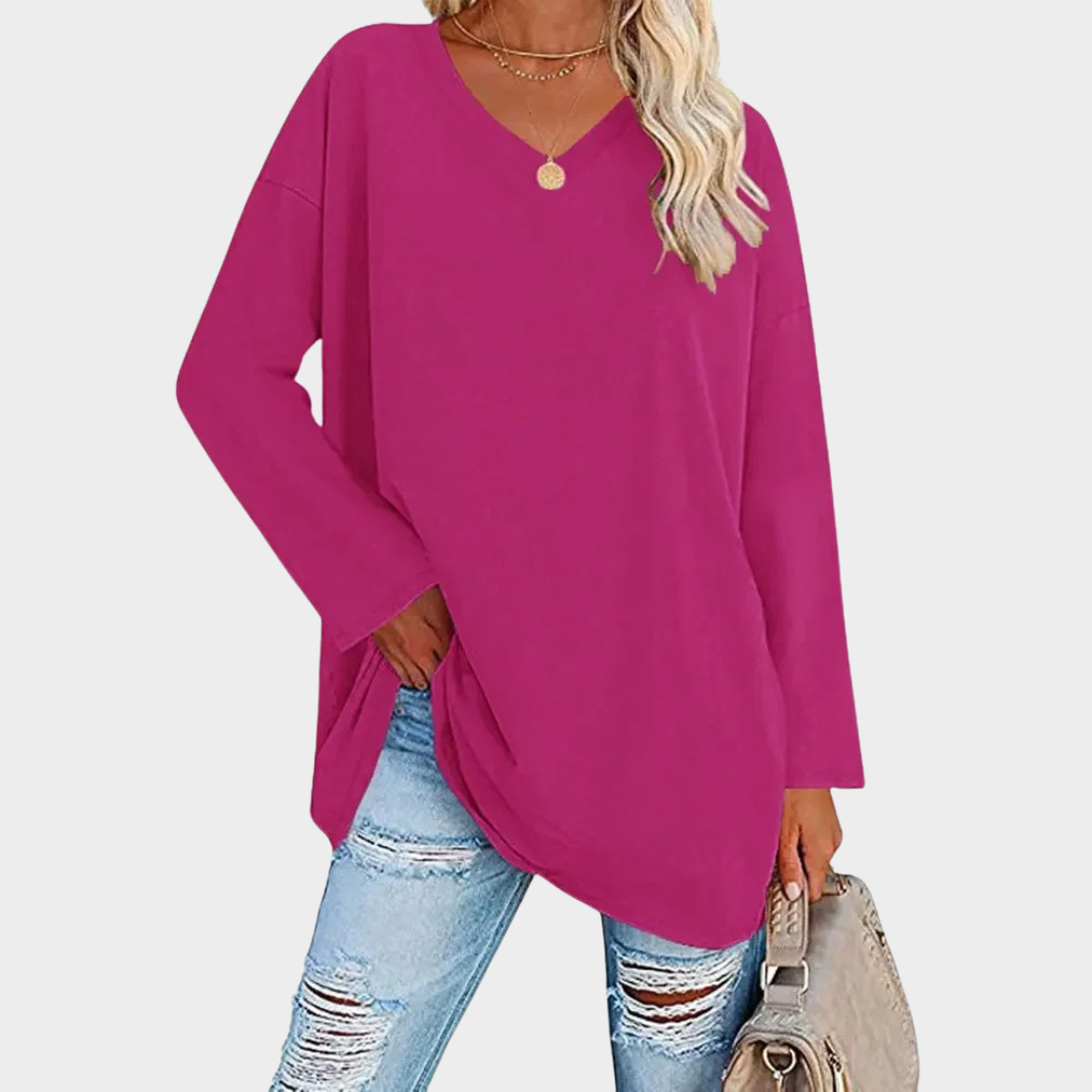 Women’s Loose Fit Knit Top – Long Sleeve V-Neck Blouse – Lightweight Solid Fabric – Multiple Colours
