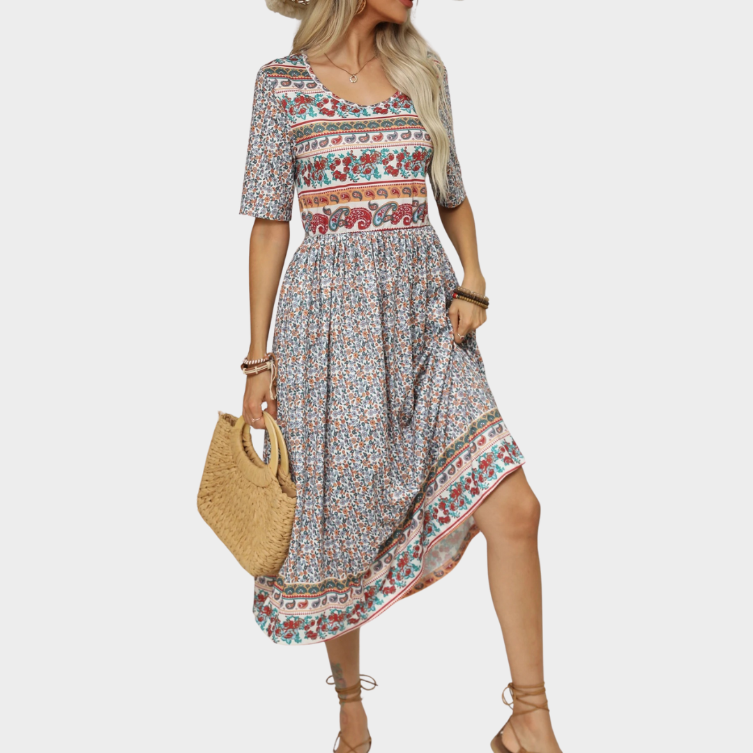 Women’s Bohemian Print Long Dress – Round Neck Short Sleeve Fit – Casual Flowy Maxi Silhouette – Lightweight Fabric – Multiple Colours