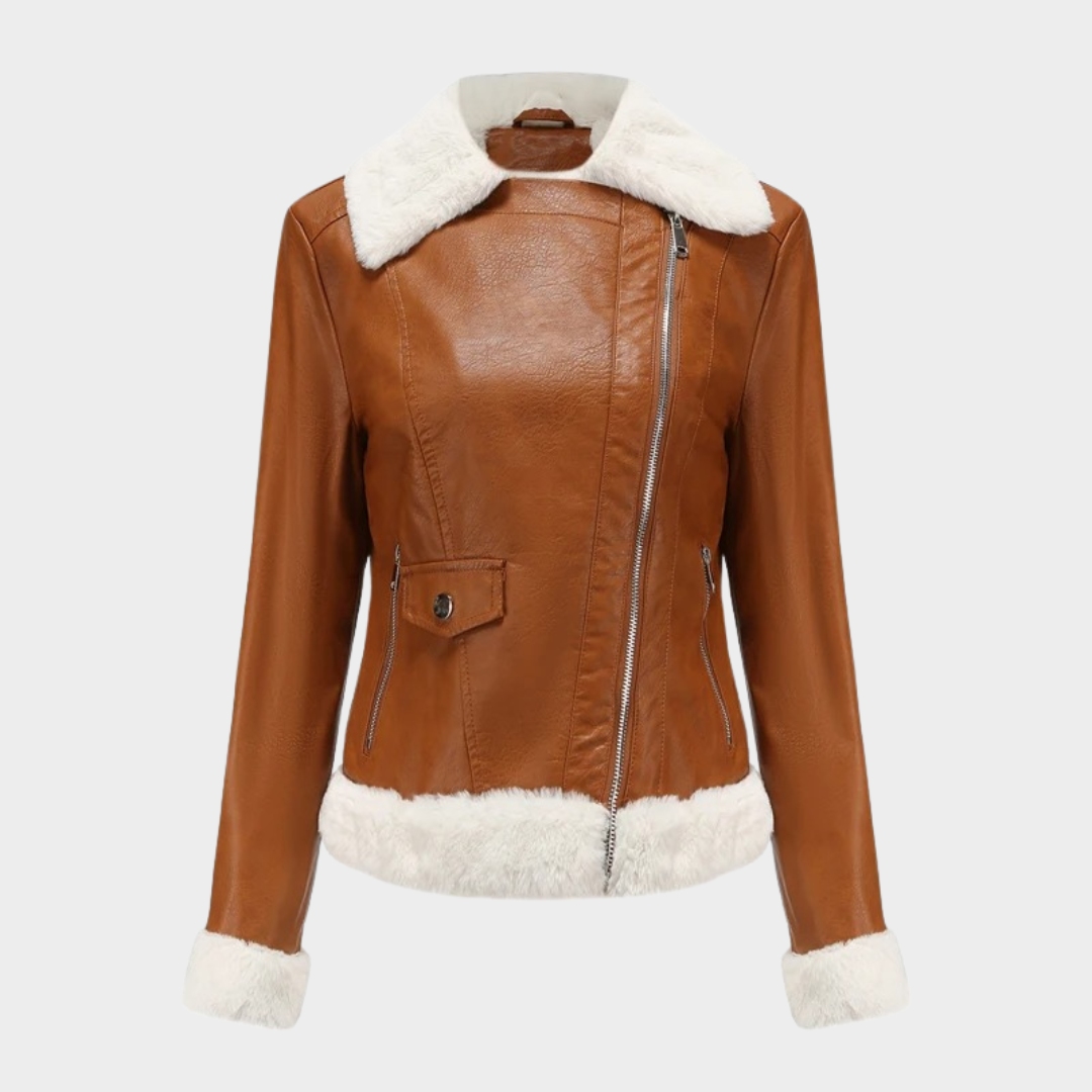 Women’s Fleece-Lined Leather Biker Jacket – Short Motorcycle Style with Warm Casual Fit – Multiple Colours