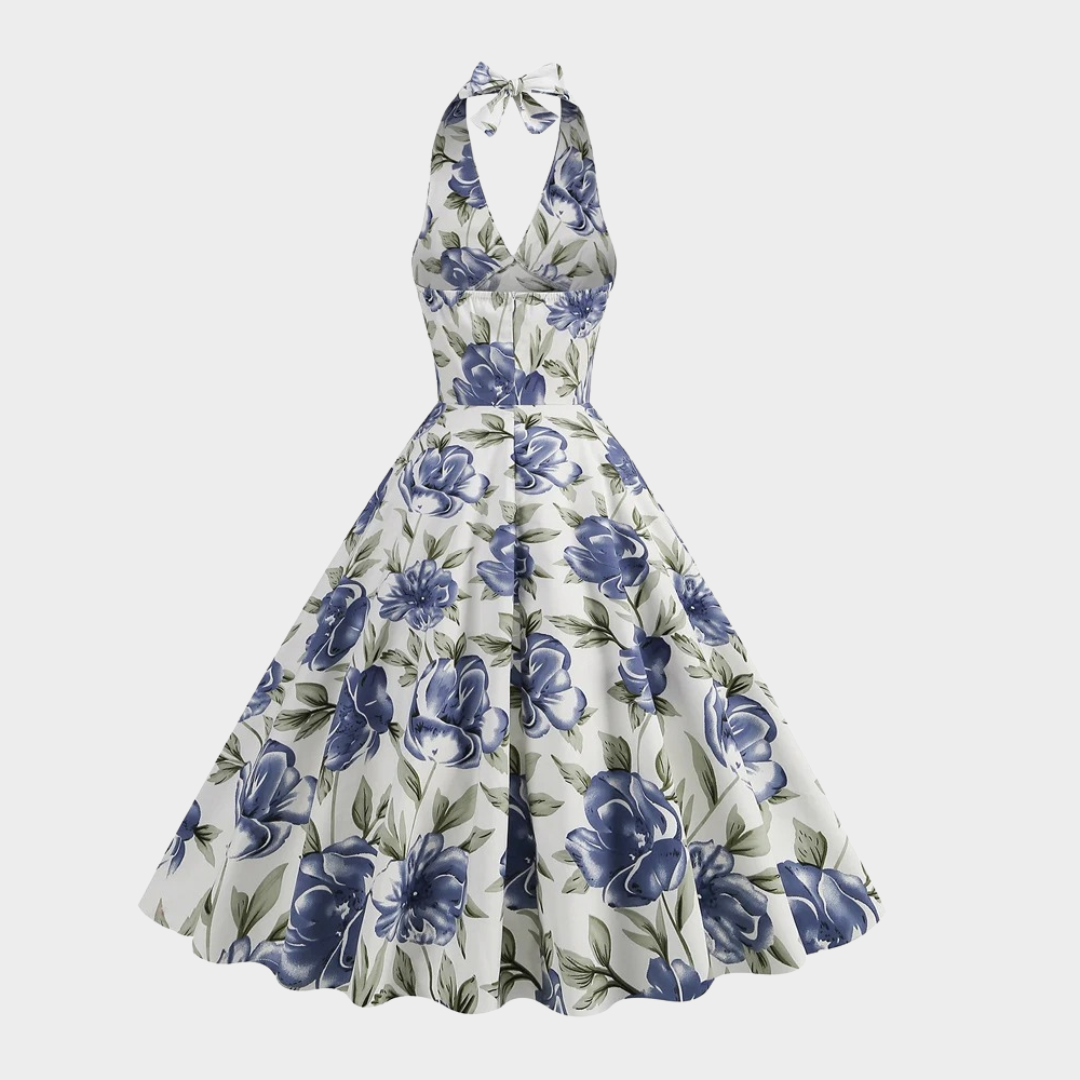 Women's 50s Retro High Waist Dress – Halter Neck – Floral Print – Backless – Cotton – Blue