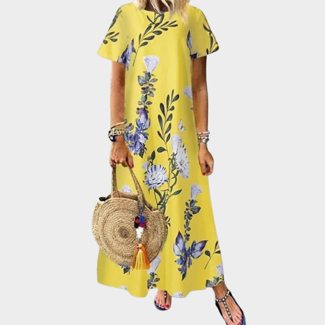Women Bohemian Maxi Dress – O Neck Floral Print Short Sleeve Loose Fit Casual Design – Multiple Colours