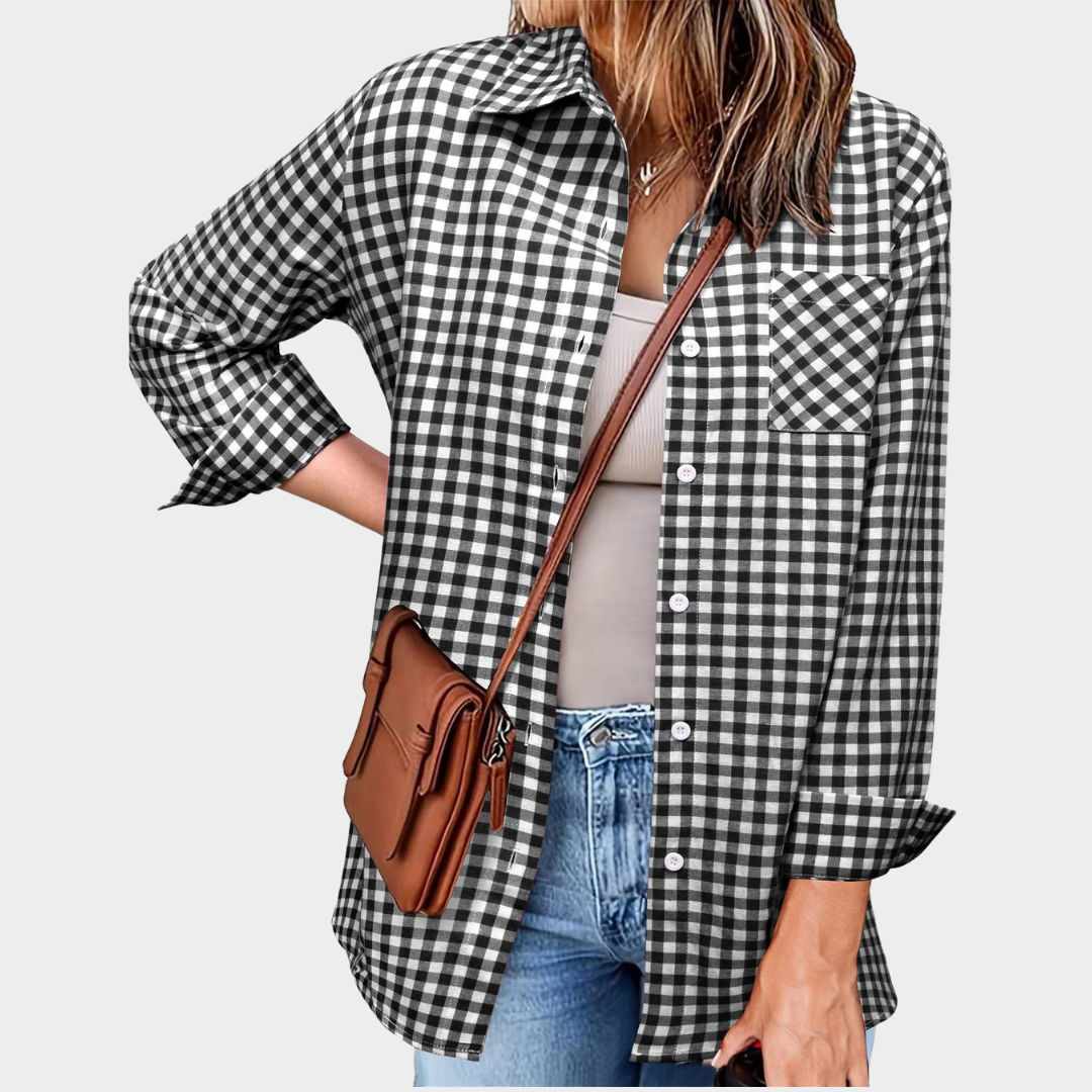 Women's Loose Plaid Shirt – Long-Sleeve Button-Up – Casual Lapel Top – Multiple Colours