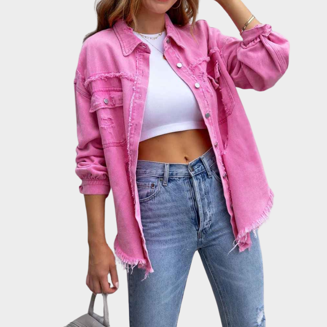 Women's Denim Jacket - Long Sleeve Casual Fit - Distressed Hollow-Out Design - Button-Up - Multiple Colours