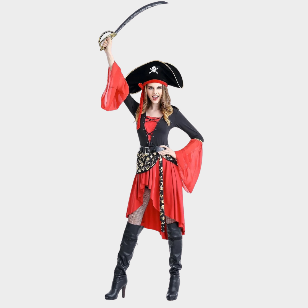Women Caribbean Pirate Captain Halloween Costume – Gothic Cosplay Outfit Inspired by Jack – Fancy Role Play Party Suit – Red