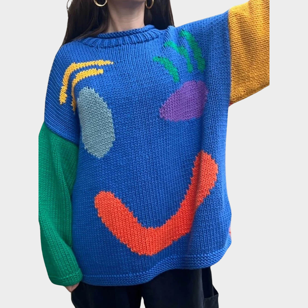 Women's Loose Knit Pullover – Happy Face Sweater – Soft & Chic – Multiple Colours