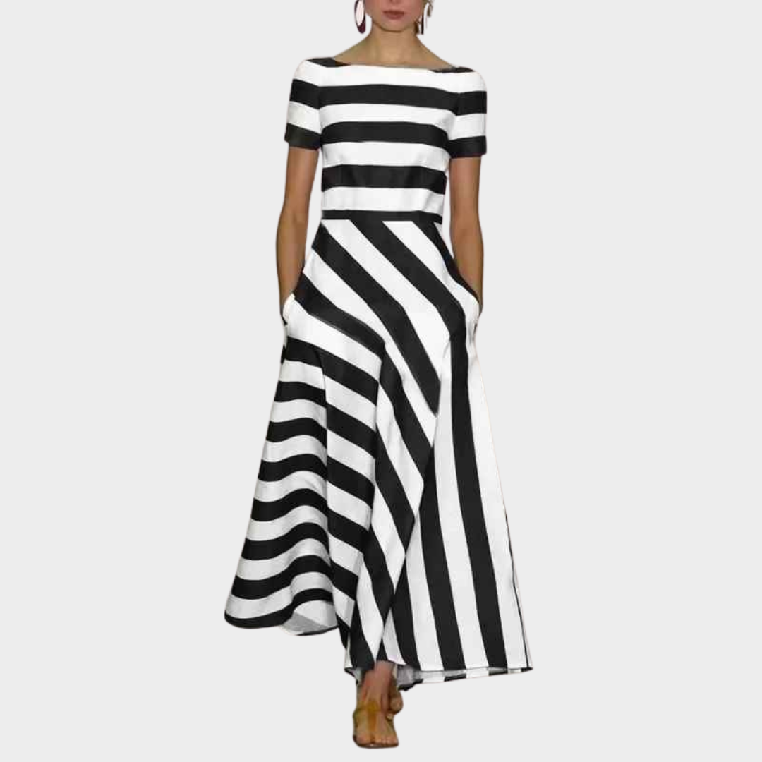 Women's Ankle-Length Dress – One Shoulder Short Sleeve Striped Design with Relaxed Fit – Multiple Colours