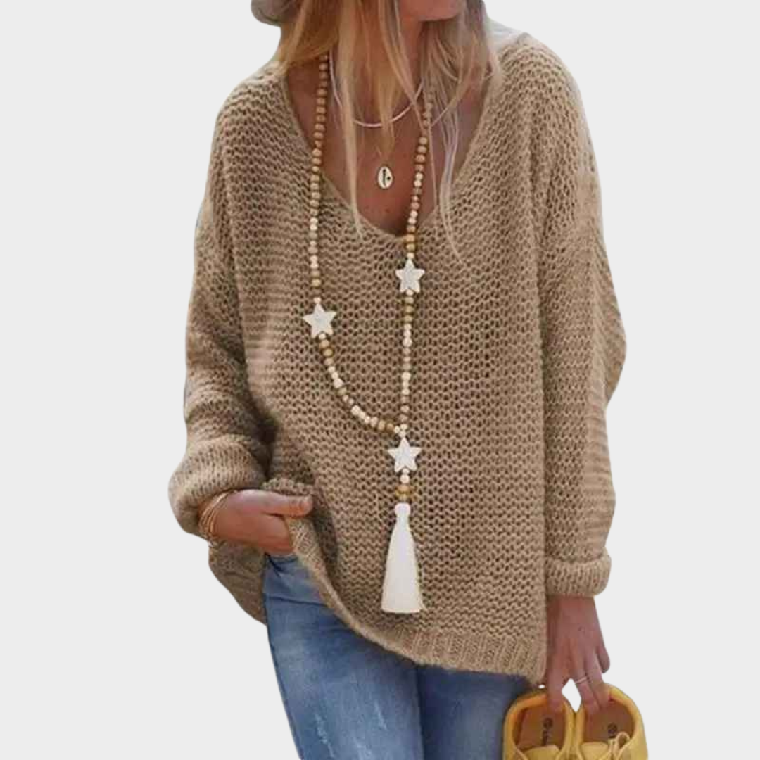 Women's V Neck Long Sleeve Knitted Loose Sweater – Hollow Out Pullover Knitwear Top – Multiple Colours