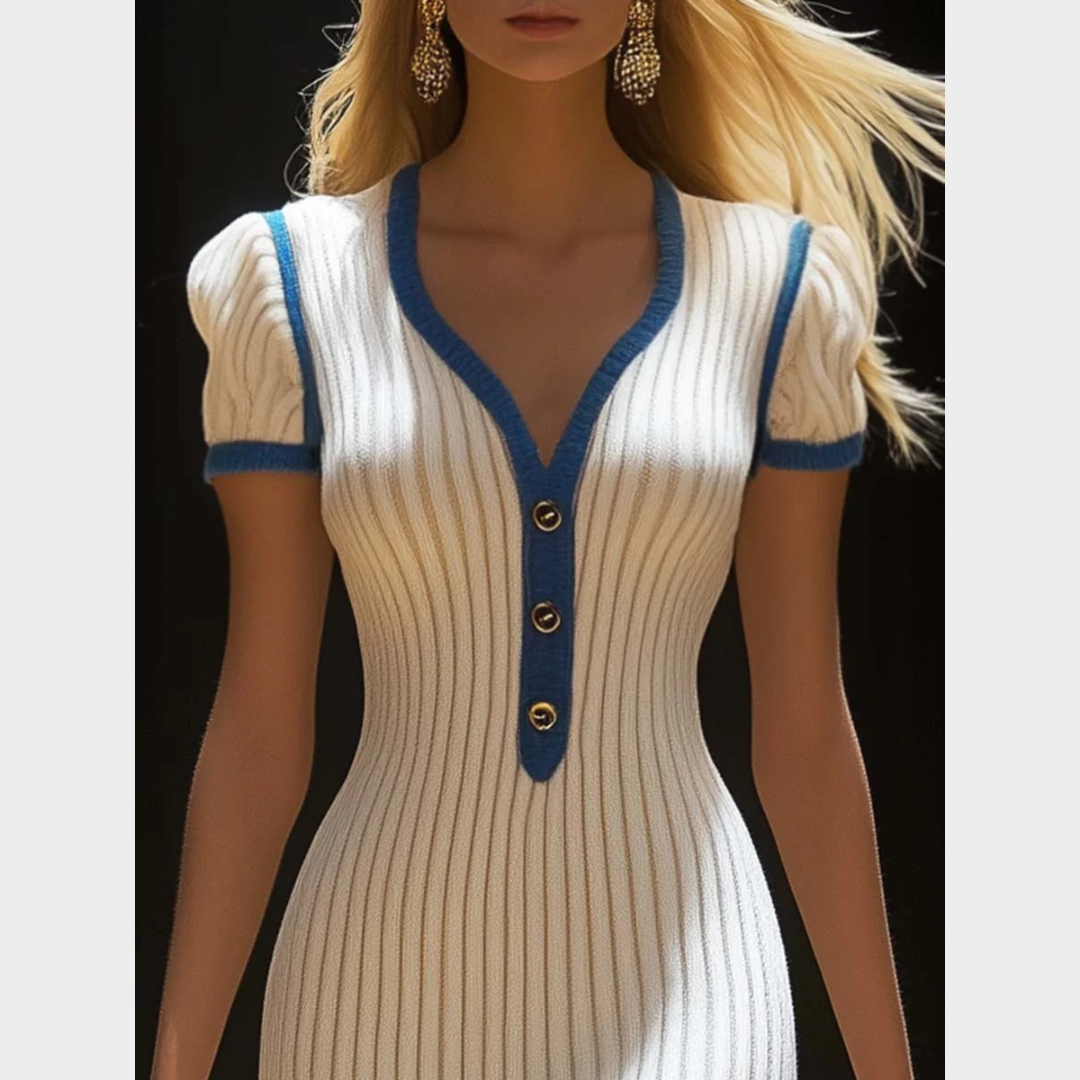 Women’s Elegant Fishtail Midi Dress – Knitted Slim Fit with V-Neckline and Flared Hem – White