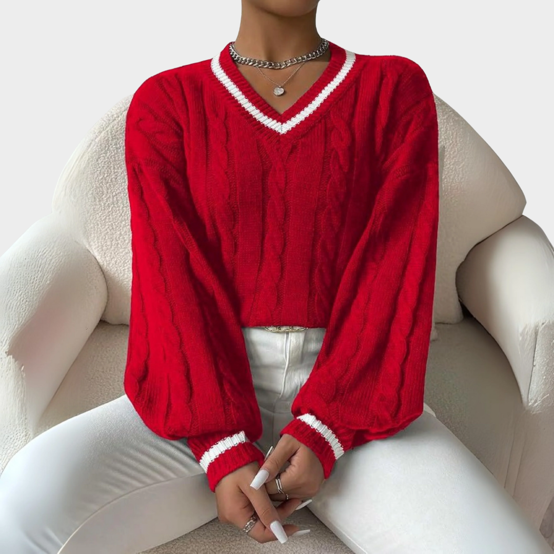 Women Knitted V Neck Sweater – Long Sleeve Loose Fit Intercolor Knitwear with Elegant Comfortable Style for Casual Outfits – Multiple Colours