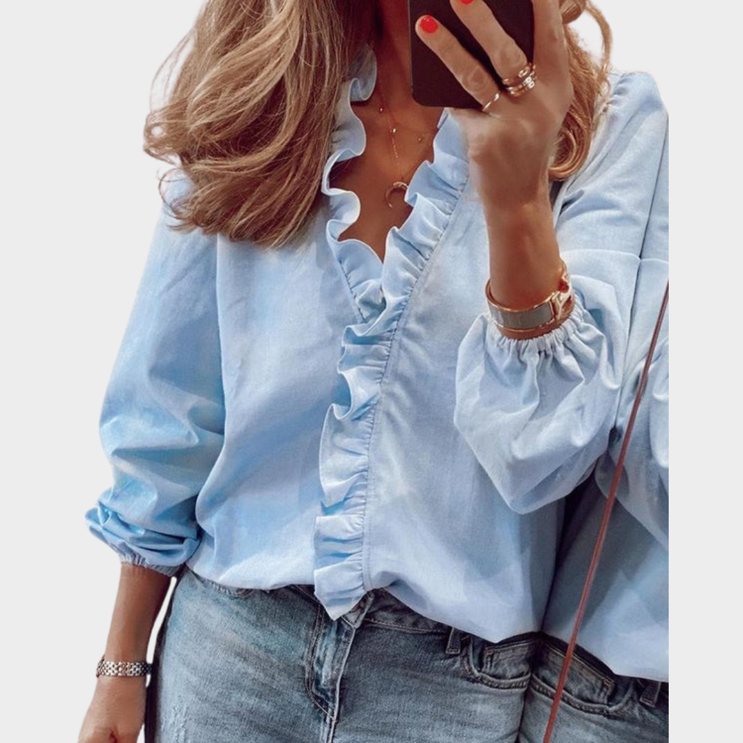 Women's V-Neck Blouse – Short Sleeve Ruffle Top – Elegant & Loose Fit – Multiple Colours