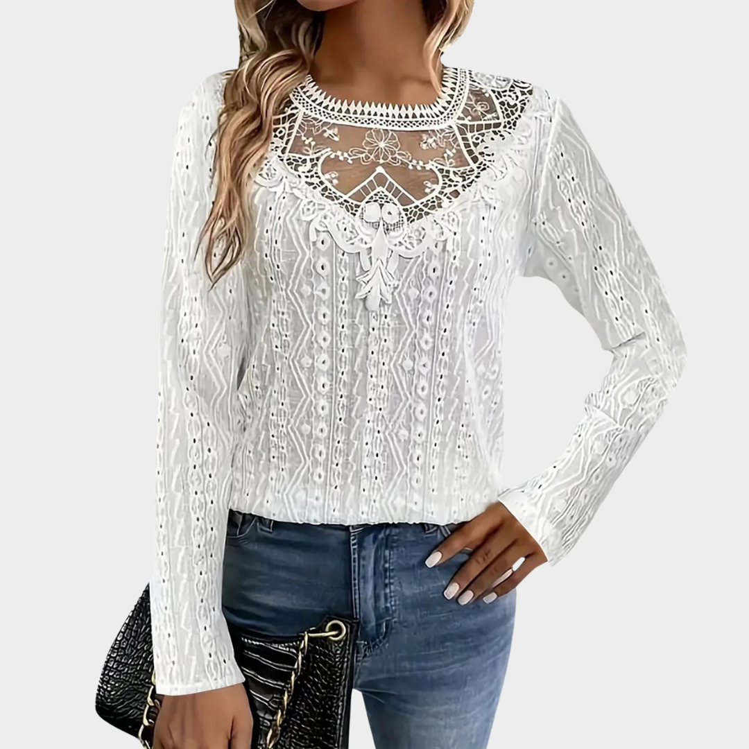 Women’s Long Sleeve Blouse – Lace Splice Detail – Hollowed Out Casual Fit – Soft Fabric T-Shirt Style – Multiple Colours