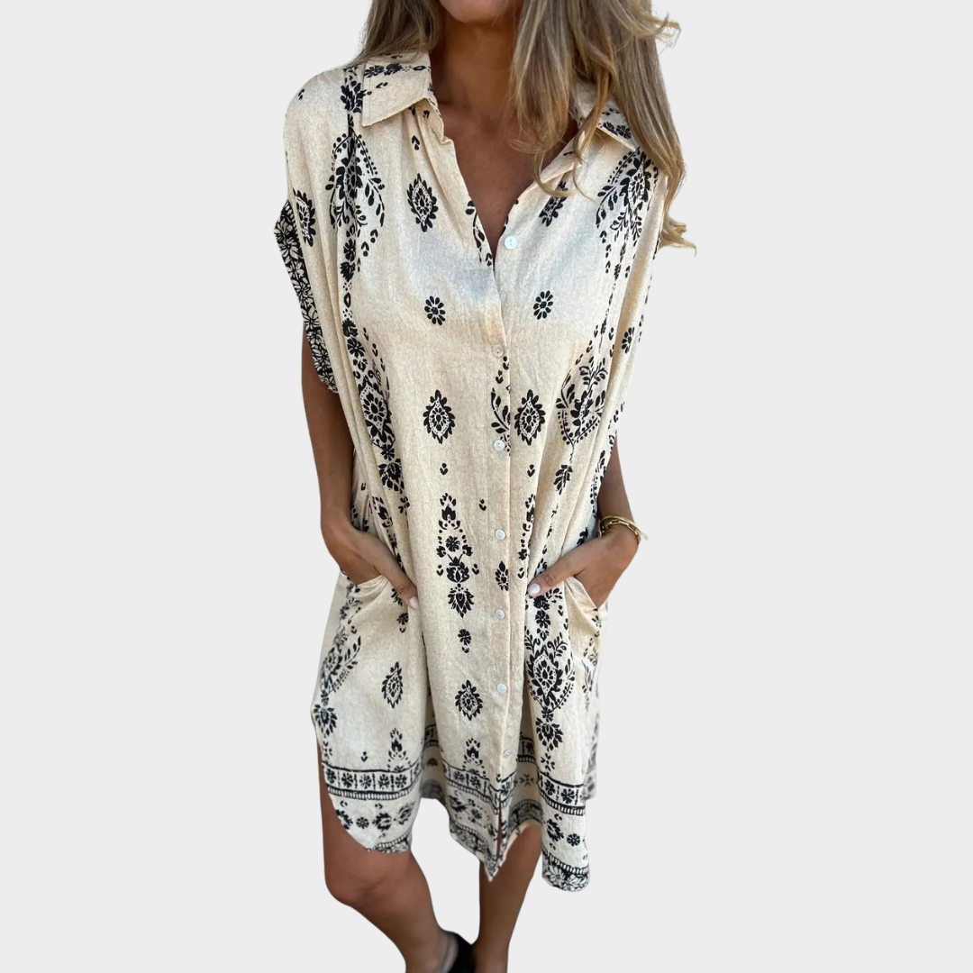 Women Shirt Dress – Loose Fit Printed Design with Turn-down Collar and Pocket – Soft Fabric – Multiple Colours
