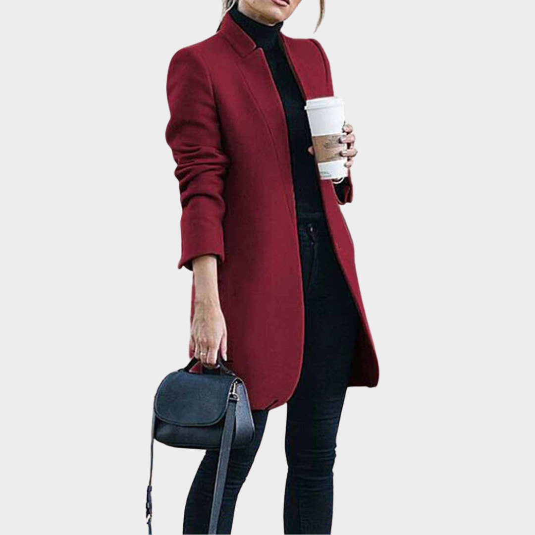 Women's Woolen Coat – Mid-Length Overcoat – Stand Collar – Slim Fit – Elegant Design – Multiple Colours