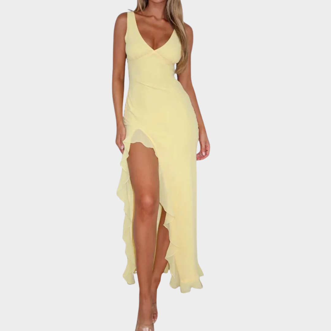 Women Sleeveless Maxi Dress – Slim Fit V-Neck Backless Lightweight Wooden Ear Trim – Multiple Colours