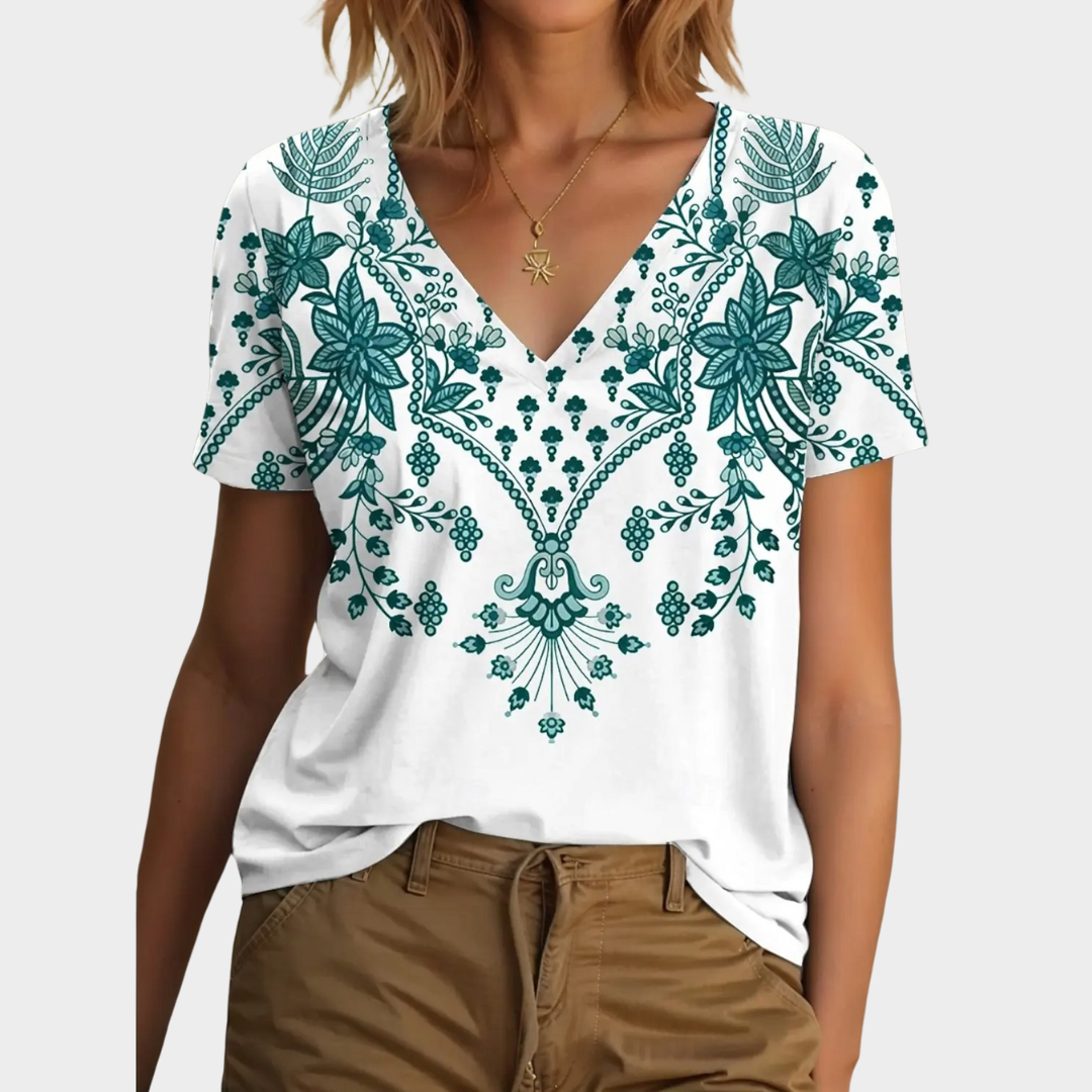 Women’s Ethnic Graphic V-Neck T-Shirt – Short Sleeve Printed Tee – Regular Fit Casual Daily Wear – Soft Cotton-Polyester Blend – Multiple Colours