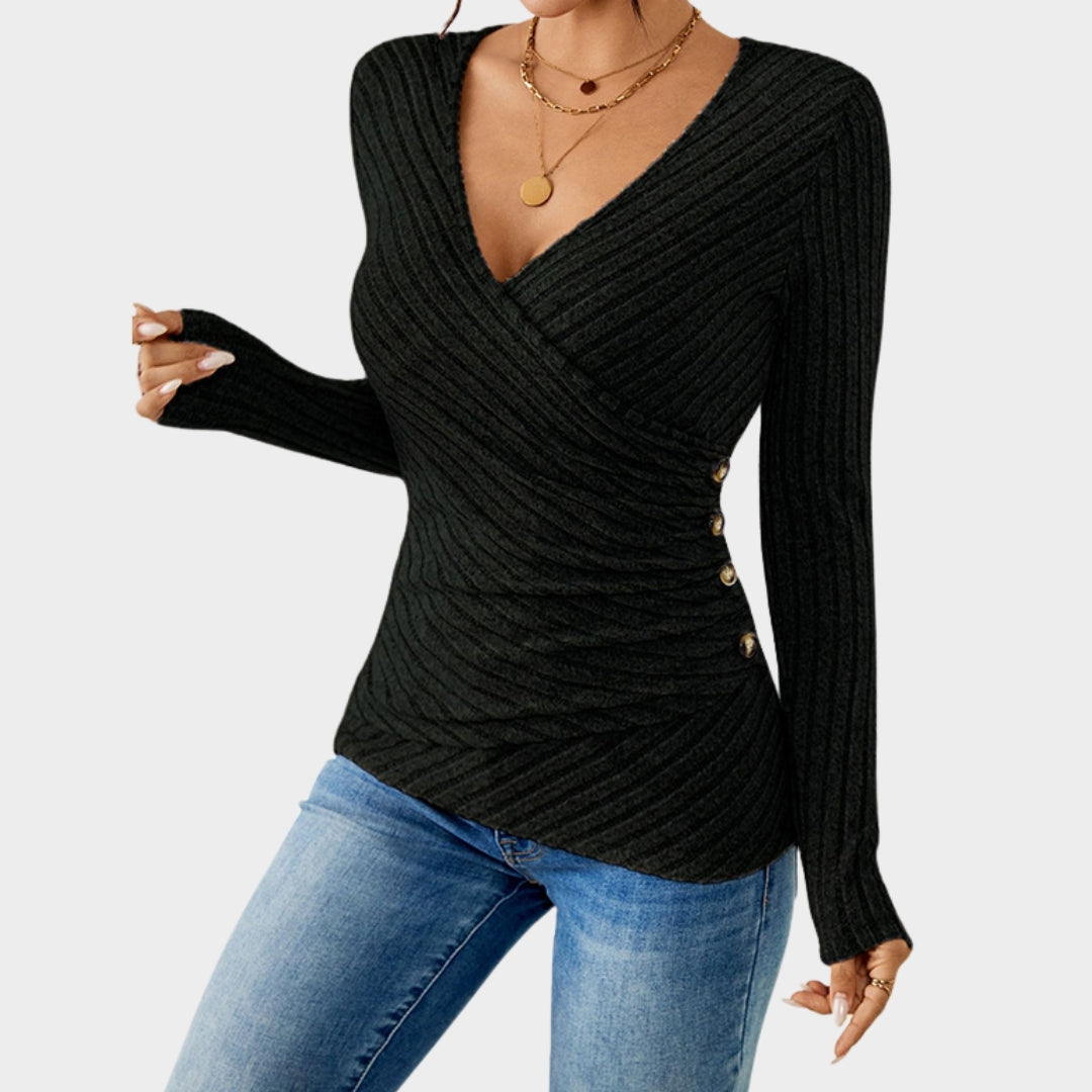 Women's Knitted V-Neck Sweater - Button Detail - Slim Fit & Soft Pullover - Warm & Comfortable - Multiple Colours
