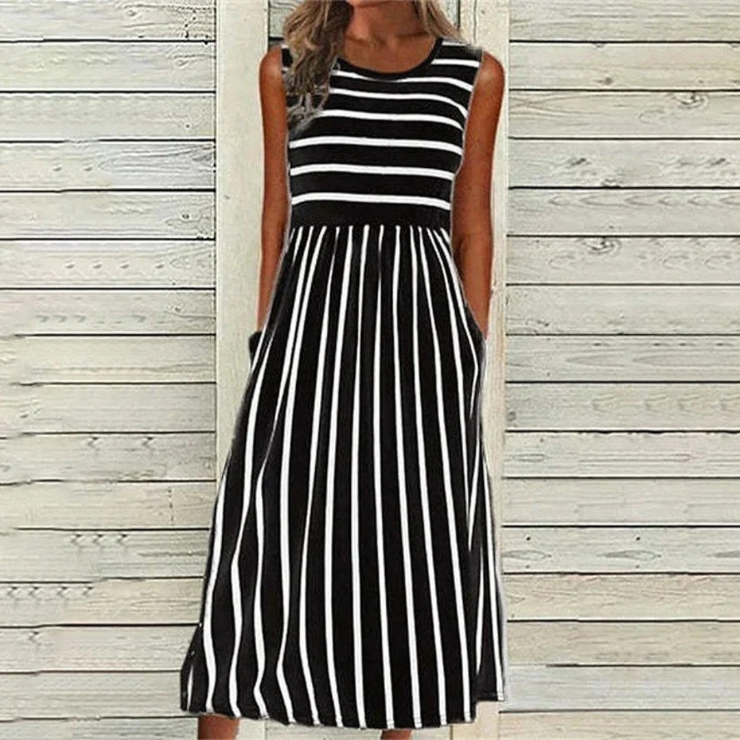 Women’s Sleeveless Long Dress – Striped Pattern – Round Neck – Relaxed Fit – Pocket Detail – Multiple Colours