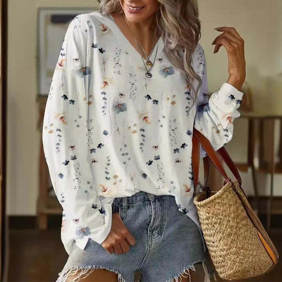Women’s V-Neck Long Sleeve Blouse – Lightweight Loose Fit Printed Shirt – Casual Streetwear Style – Multiple Colours