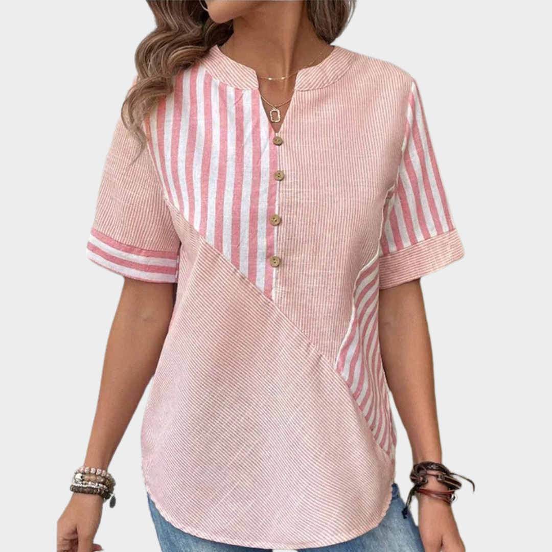 Women’s Striped Asymmetric Blouse – Short Sleeve Loose Fit Shirt – Cotton-Linen Blend Casual Top with Modern Print – Multiple Colours