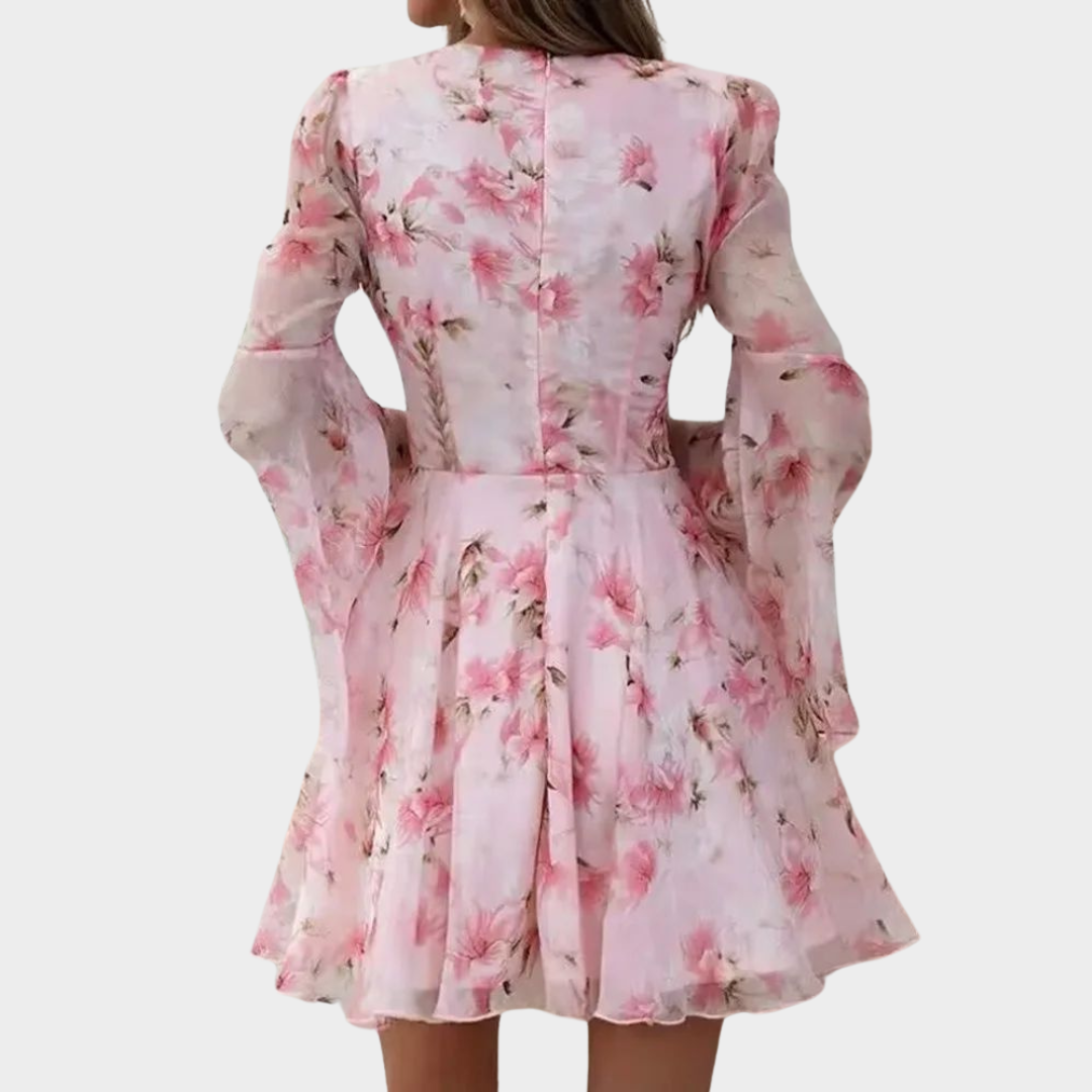 Women's Deep V-Neck Flared Sleeve Dress – Tight Waist – Elegant Fit – Pink
