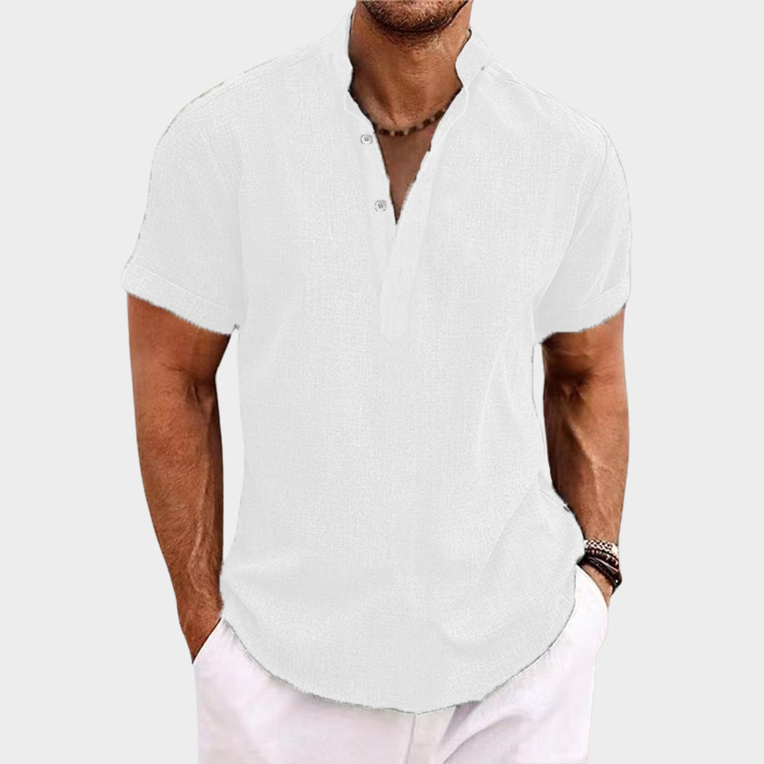 Men's Cotton Linen Short-Sleeve Shirt - Henley Collar - Lightweight & Breathable - Multiple Colours