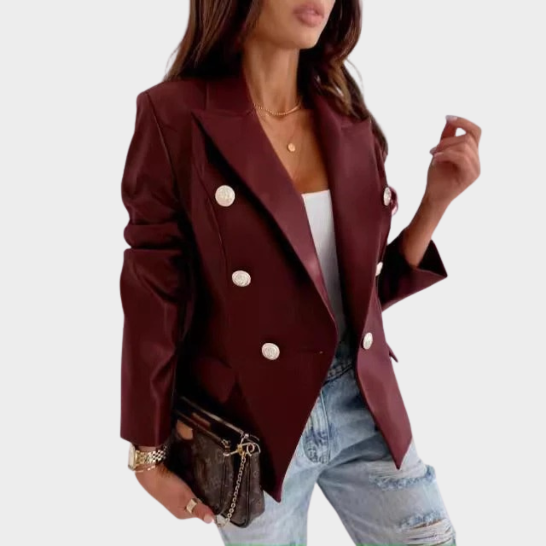 Women’s Double Breasted PU Leather Jacket – Long Sleeve Slim Fit Fashion Blazer – Multiple Colours